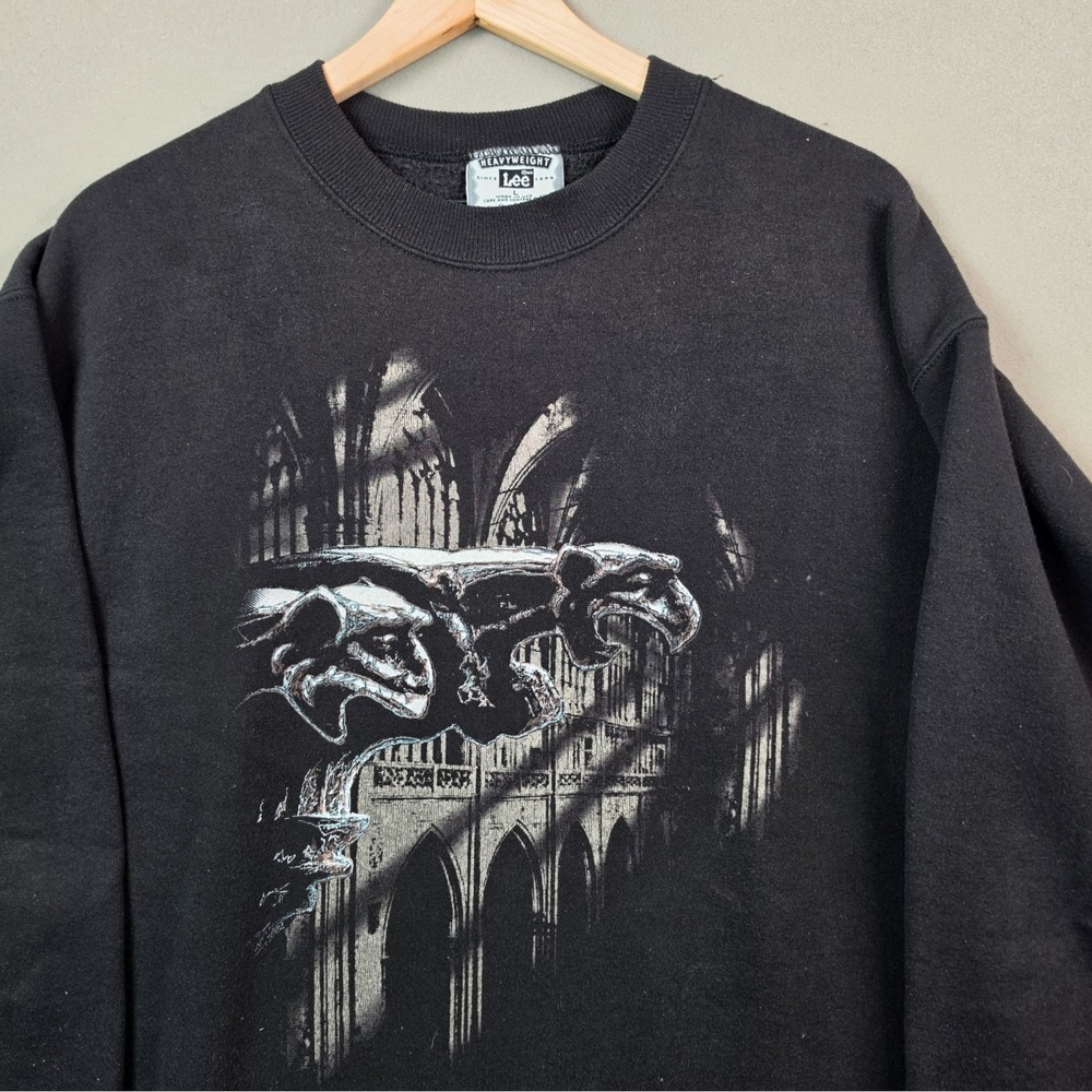 Vintage 90s Lee Heavyweight Gargoyle Sweatshirt L Black Gothic Crewneck USA Made